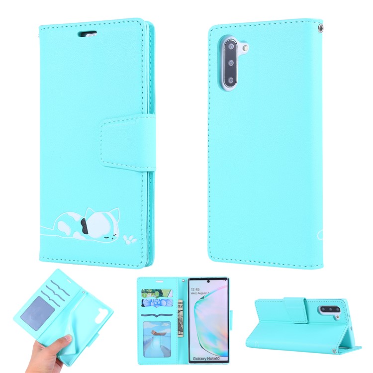 

Imprint Cat and Flower Pattern Leather Wallet Stand Case for Samsung Galaxy Note 10 5G / Note 10 - Baby Blue, Galaxy Note 10