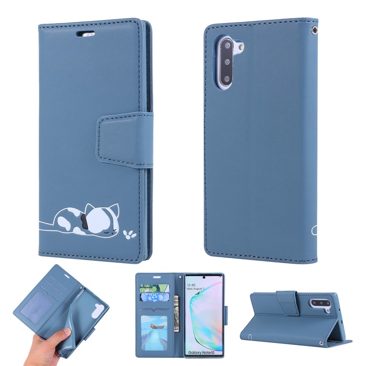 

Imprint Cat and Flower Pattern Leather Wallet Stand Case for Samsung Galaxy Note 10 5G / Note 10 - Dark Blue, Galaxy Note 10