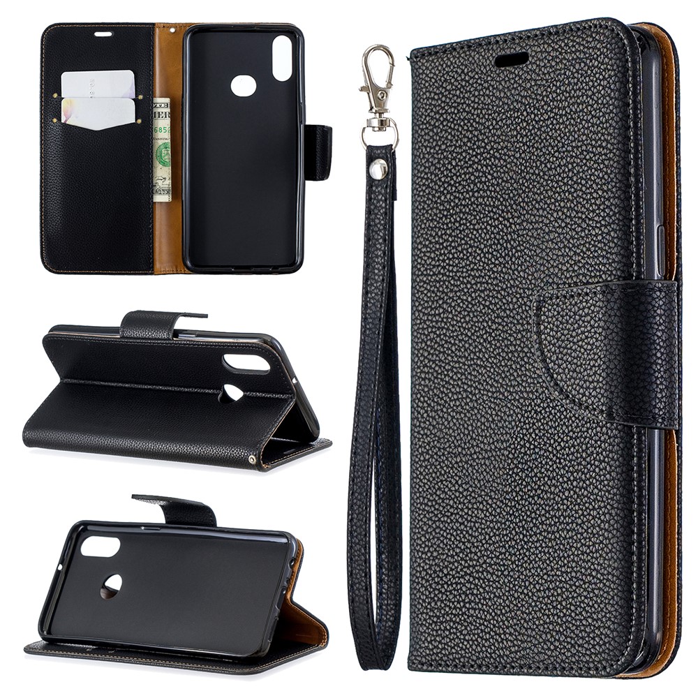 Litchi Skin Leather Wallet Stand Case for Samsung Galaxy A10s - Black-1