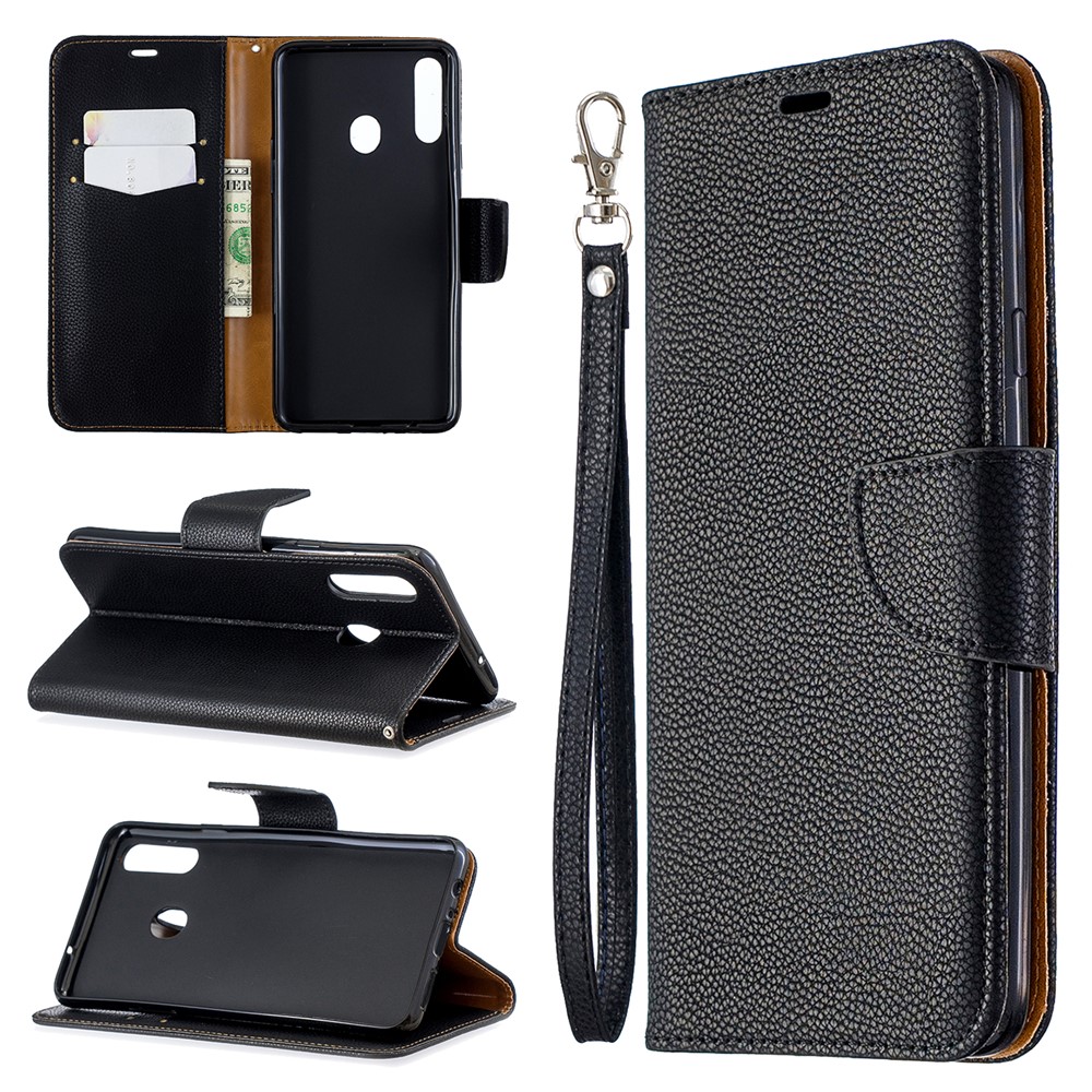 Litchi Skin Stand Ceather Wallet Case Для Samsung Galaxy A20s - Черный