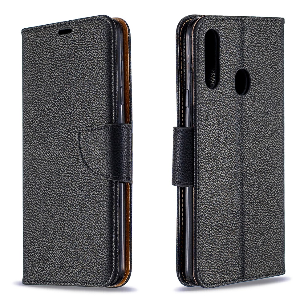 Litchi Skin Stand Leder Brieftasche Für Samsung Galaxy A20s - Schwarz