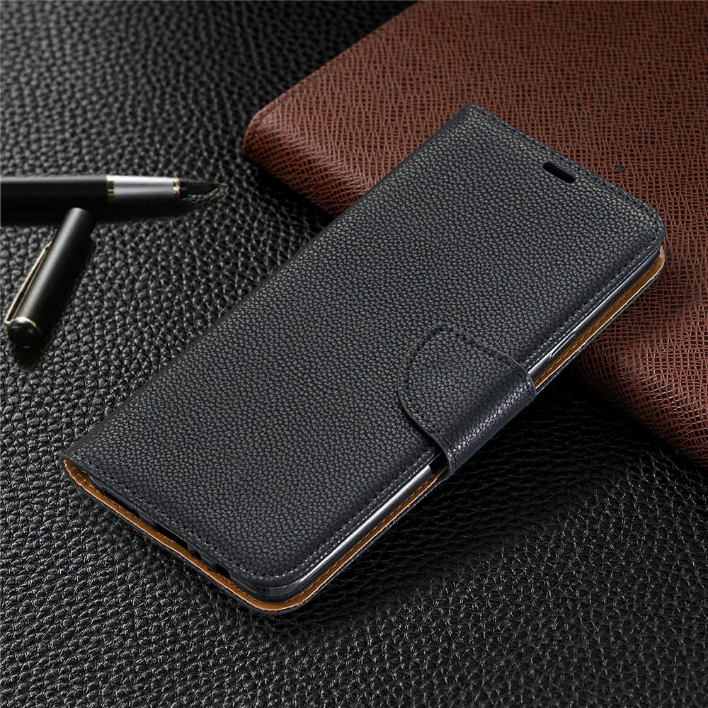 Litchi Skin Stand Leder Brieftasche Für Samsung Galaxy A20s - Schwarz