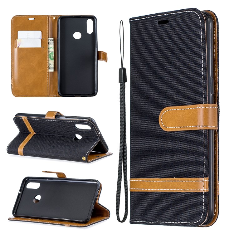 Bi-Color Jeans Cloth Wallet Leather Covering for Samsung Galaxy A10s - Black-1