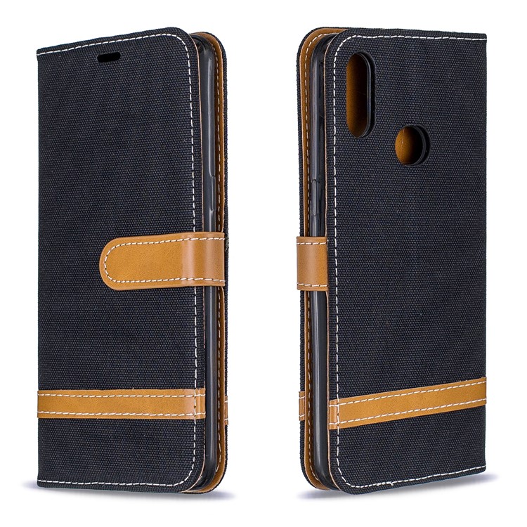 Bi-Color Jeans Cloth Wallet Leather Covering for Samsung Galaxy A10s - Black-4