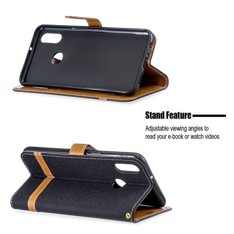 Bi-Color Jeans Cloth Wallet Leather Covering for Samsung Galaxy A10s - Black-5