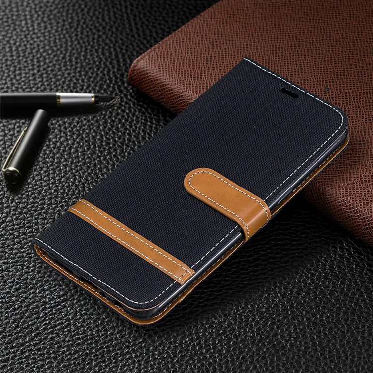 Bi-Color Jeans Cloth Wallet Leather Covering for Samsung Galaxy A10s - Black-7