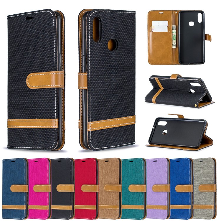 Bi-Color Jeans Cloth Wallet Leather Covering for Samsung Galaxy A10s - Black-9