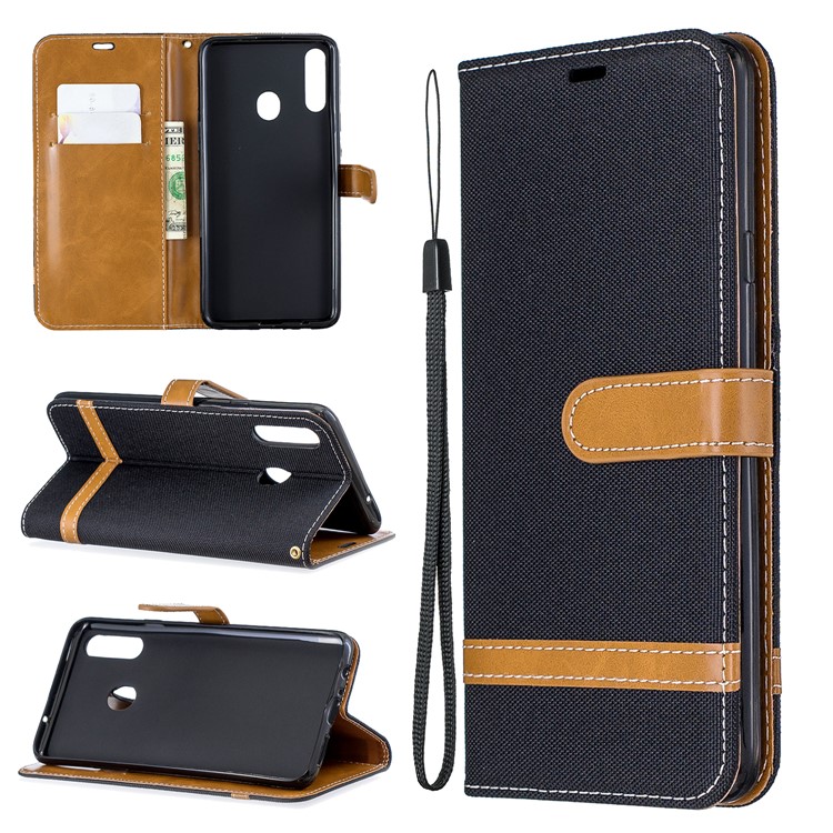 Assorted Color Jeans Cloth Leather Wallet Stand Case for Samsung Galaxy A20s - Black-1