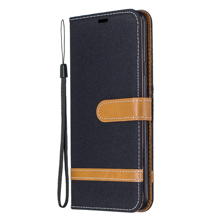 Assorted Color Jeans Cloth Leather Wallet Stand Case for Samsung Galaxy A20s - Black-2