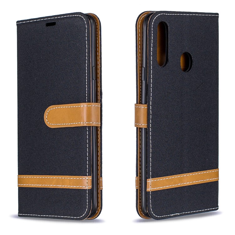 Assorted Color Jeans Cloth Leather Wallet Stand Case for Samsung Galaxy A20s - Black-4