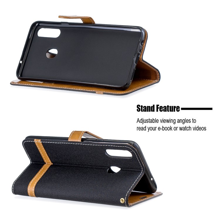Assorted Color Jeans Cloth Leather Wallet Stand Case for Samsung Galaxy A20s - Black-5