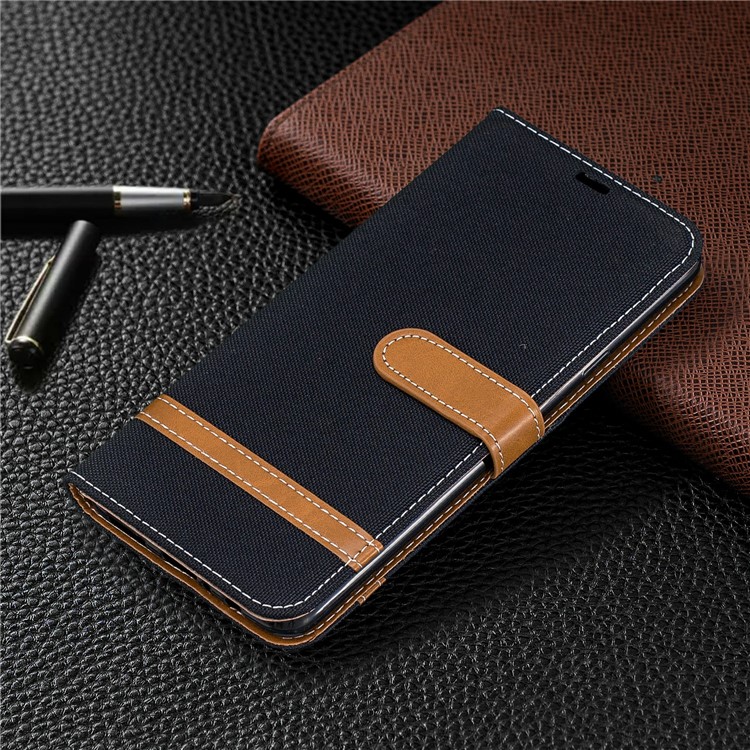 Assorted Color Jeans Cloth Leather Wallet Stand Case for Samsung Galaxy A20s - Black-7