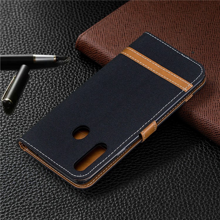 Assorted Color Jeans Cloth Leather Wallet Stand Case for Samsung Galaxy A20s - Black-8