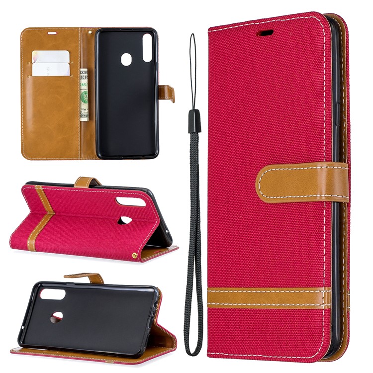 Assorted Color Jeans Cloth Leather Wallet Stand Case for Samsung Galaxy A20s - Red-1