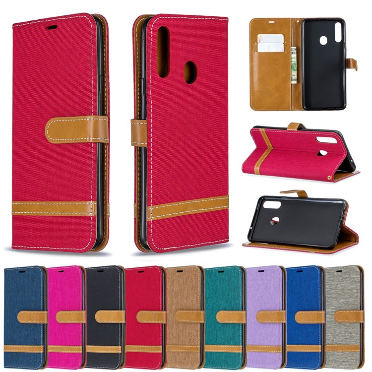 Assorted Color Jeans Cloth Leather Wallet Stand Case for Samsung Galaxy A20s - Red-9