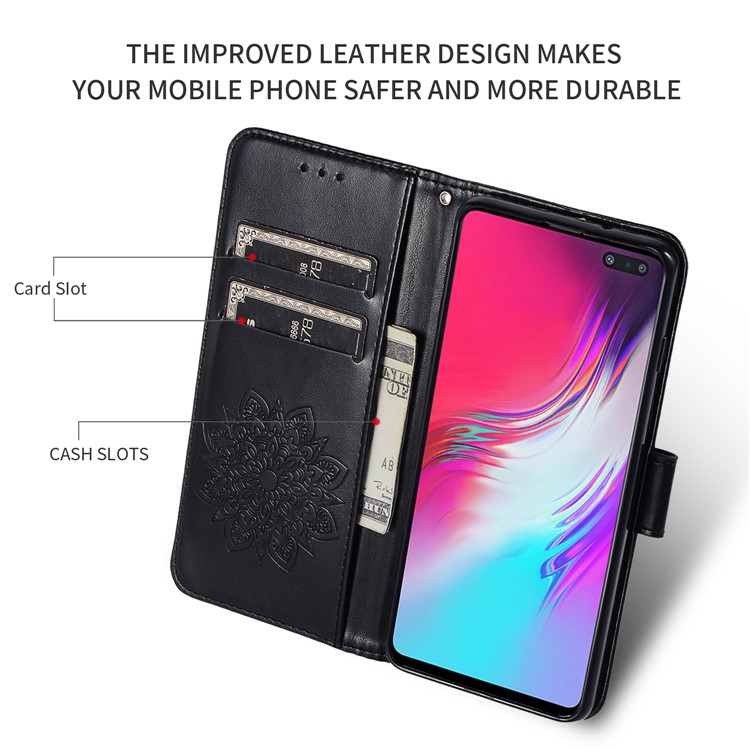 Imprint Kaleidoscope Leather Wallet Stand Phone Shell Cover with Lanyard for Samsung Galaxy S10 5G - Black-4