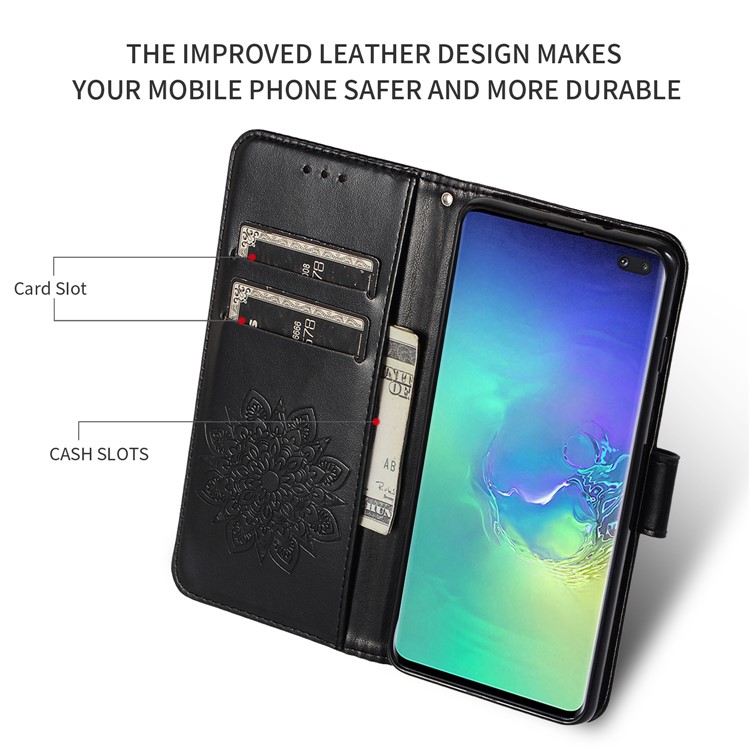 Imprint Kaleidoscope Leather Wallet Phone Stand Case with Lanyard for Samsung Galaxy S10 Plus - Black-4