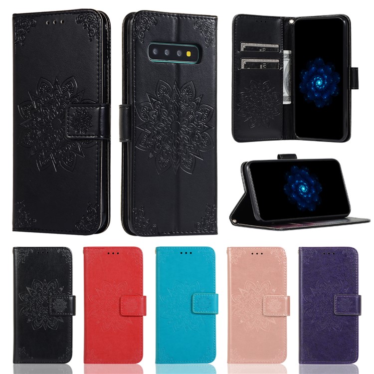 Imprint Kaleidoscope Leather Stand Phone Wallet Shell with Lanyard for Samsung Galaxy S10 - Black-11