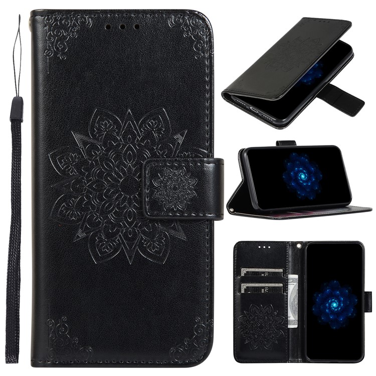 Imprint Kaleidoscope Leather Wallet Stand Phone Cover with Lanyard for Samsung Galaxy A70 - Black-1