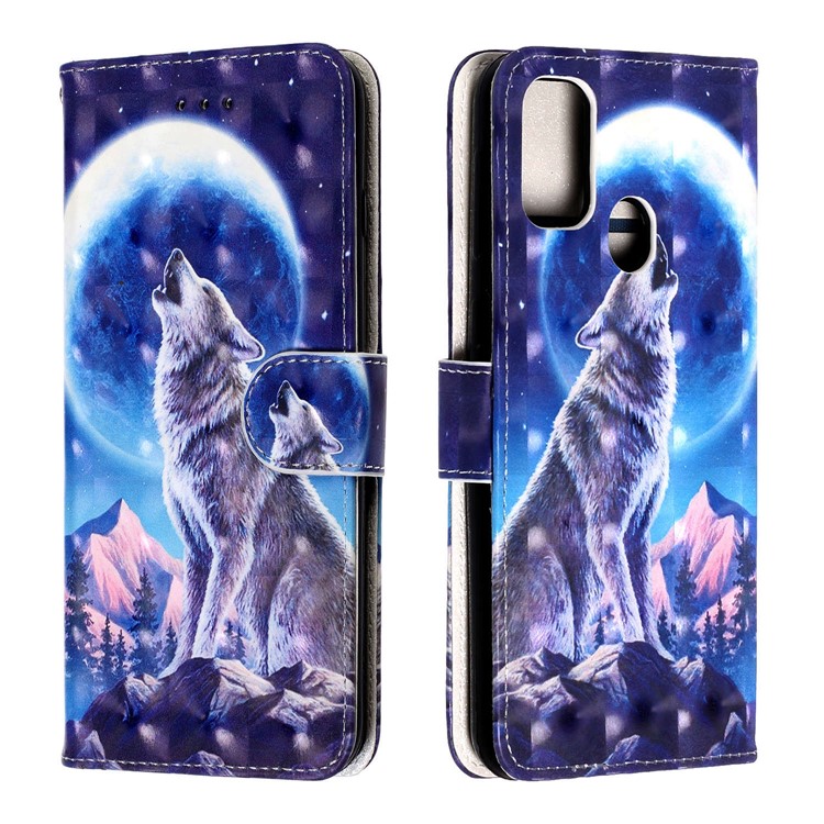 Light Spot Decor Pattern Printing Wallet Leather Phone Cover with Strap for Samsung Galaxy M30s - Moon and Wolf-1