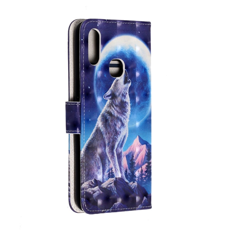 Light Spot Decor Pattern Printing Wallet Stand Leather Case with Strap for Samsung Galaxy A10s - Moon and Wolf-3