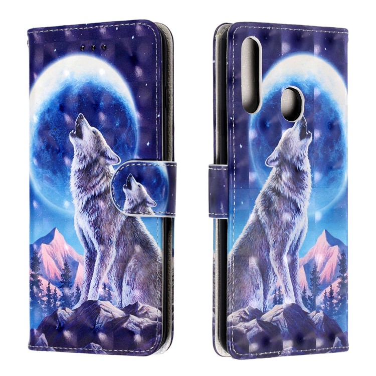 3D Light Spot Decor Patterned Leather Cell Shell Casing for Samsung Galaxy A20s - Moon and Wolf-1