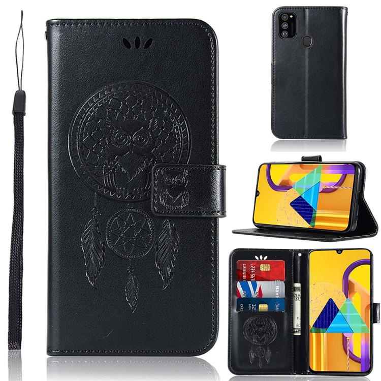 Imprinted Unique Dream Catcher Owl Leather Casing for Samsung Galaxy M30s - Black-1