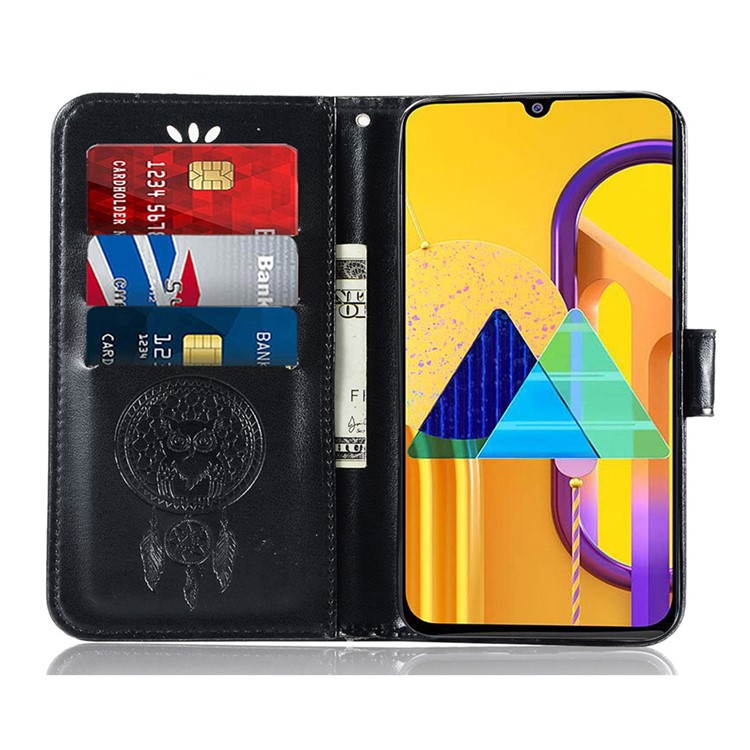 Imprinted Unique Dream Catcher Owl Leather Casing for Samsung Galaxy M30s - Black-5