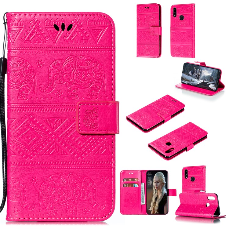 Imprint Elephant Leather Wallet Case for Samsung Galaxy A10s - Rose-1