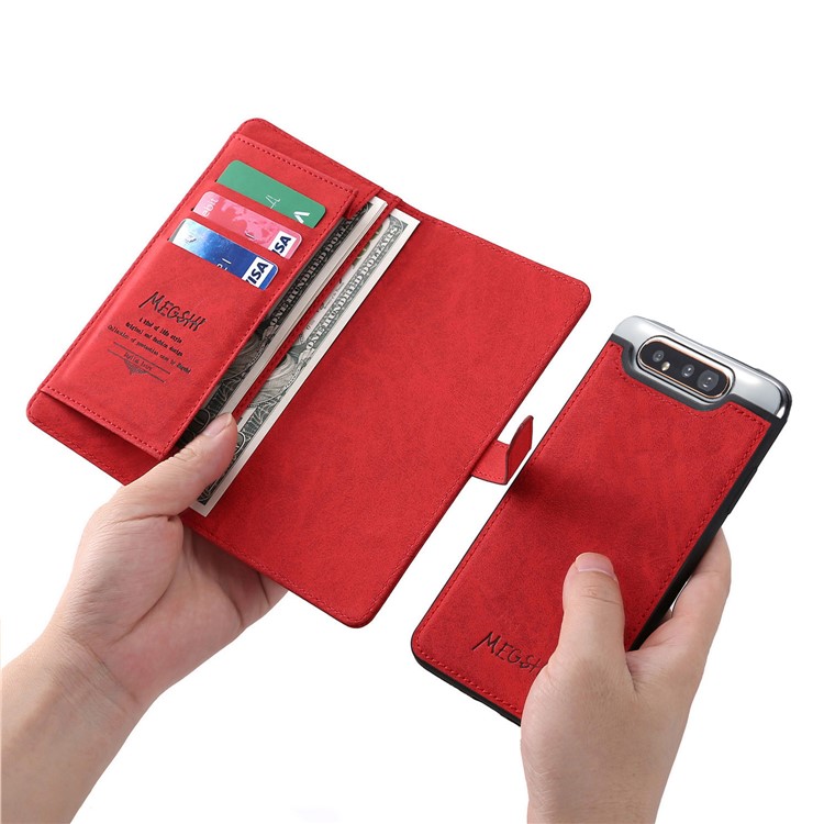 MEGSHI Business Style Detachable Wallet Leather Phone Cover for Samsung Galaxy A80/A90 - Red-1