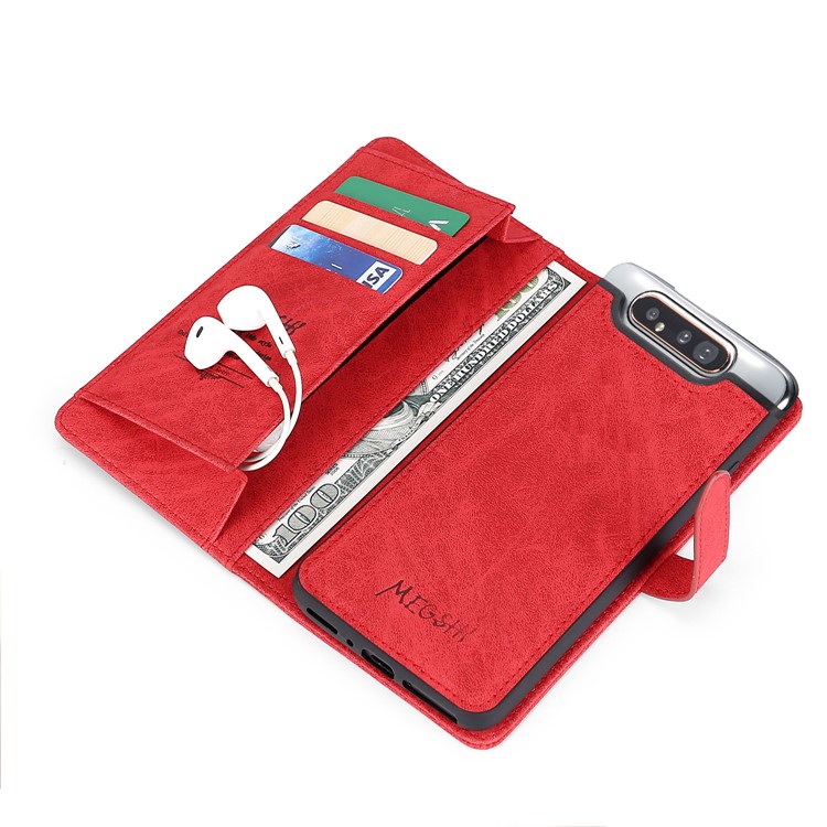 MEGSHI Business Style Detachable Wallet Leather Phone Cover for Samsung Galaxy A80/A90 - Red-11