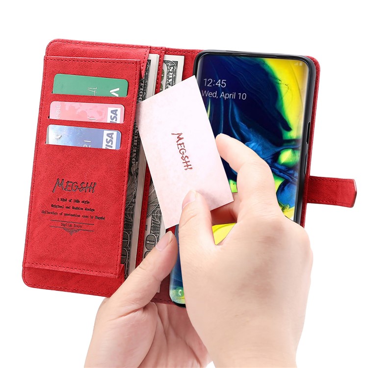 MEGSHI Business Style Detachable Wallet Leather Phone Cover for Samsung Galaxy A80/A90 - Red-12