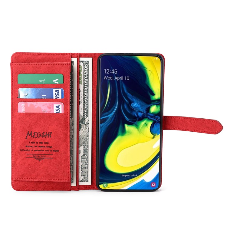 Style Business MEGSHI Couverture De Téléphone En Cuir Porte-monnaie Amovible Pour Samsung Galaxy A80 / A90 - Rouge-3