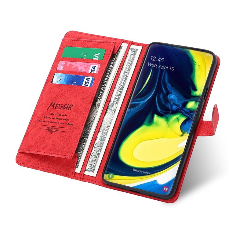 MEGSHI Business Style Detachable Wallet Leather Phone Cover for Samsung Galaxy A80/A90 - Red-9