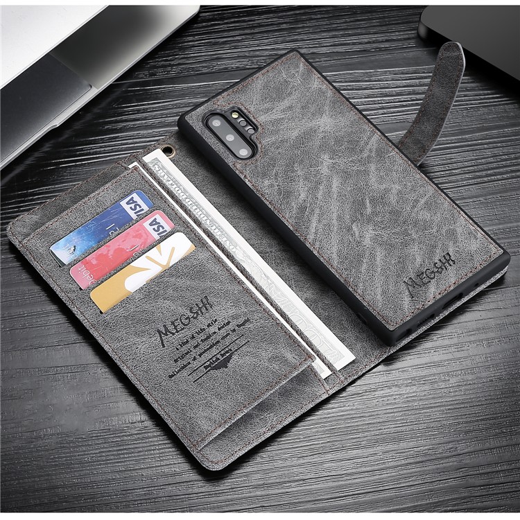 MEGSHI Business Style Detachable Wallet Leather Phone Cover Casing for Samsung Galaxy Note 10 Plus 5G/Note 10 Plus - Grey-11