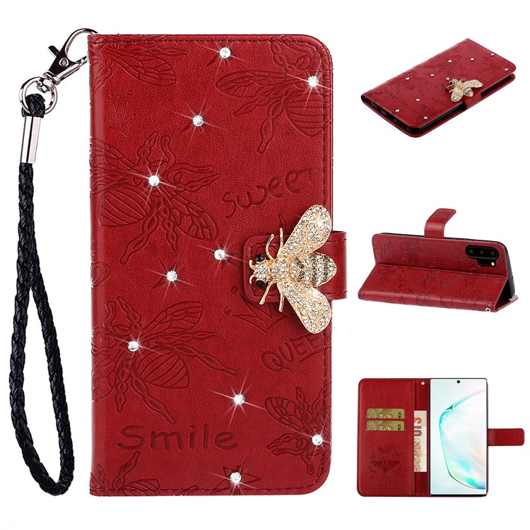 Caso Del Soporte De La Carpeta De Cuero Decoración Diamantes De Imitación Modelo De La Abeja Para Samsung Galaxy Note 10 Plus / 10 Plus 5G - Rojo-1