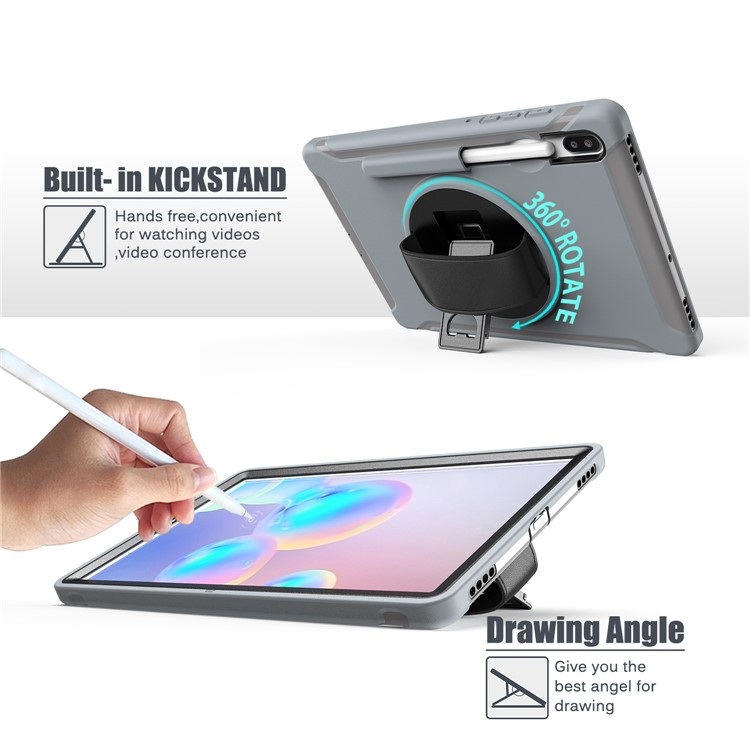 360° Swivel Kickstand PC + TPU Tablet Combo Shell with Hand Strap for Samsung Galaxy Tab S6 SM-T860/T865 - Grey-17
