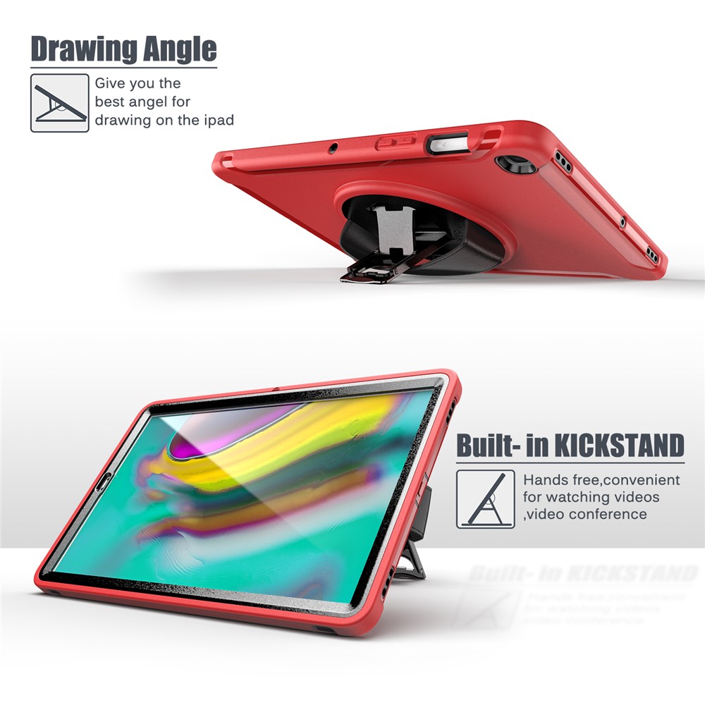 360° Swivel Kickstand PC + TPU Tablet Shell with Hand Strap for Samsung Galaxy Tab S5e SM-T720/T725 - Red-11