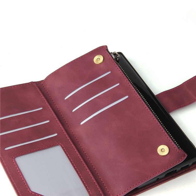 Zipper Pocket Multiple Card Slots Leather Stand Case for Samsung Galaxy Note 10 5G / Note 10 - Wine Red-11