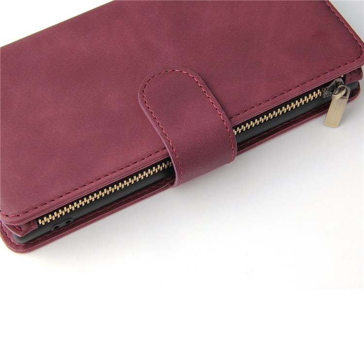 Zipper Pocket Multiple Card Slots Leather Stand Case for Samsung Galaxy Note 10 5G / Note 10 - Wine Red-13