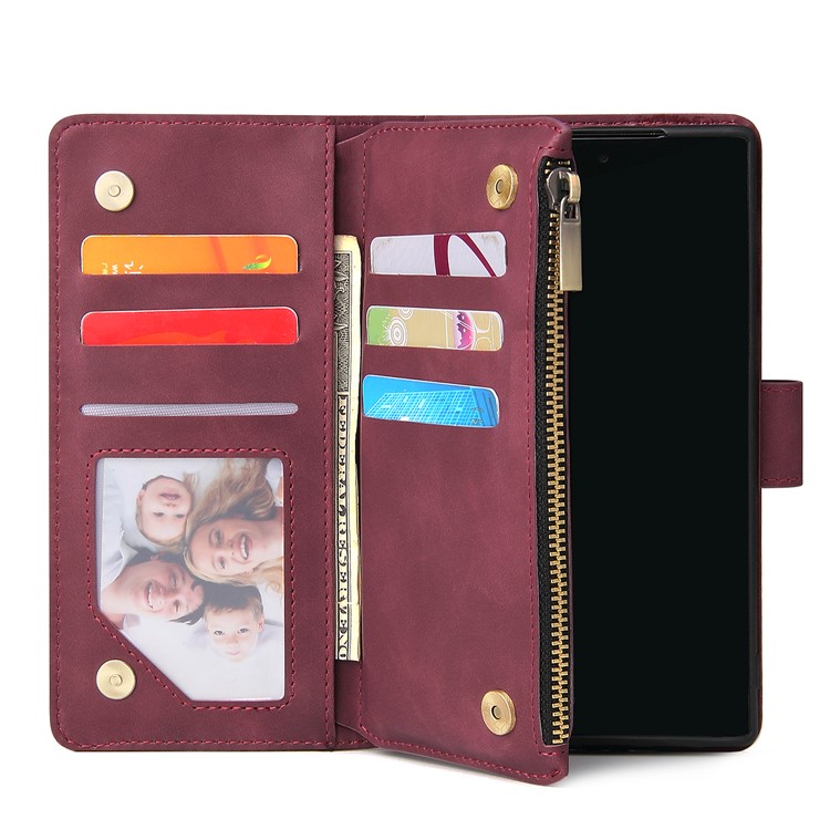 Zipper Pocket Multiple Card Slots Leather Stand Case for Samsung Galaxy Note 10 5G / Note 10 - Wine Red-6