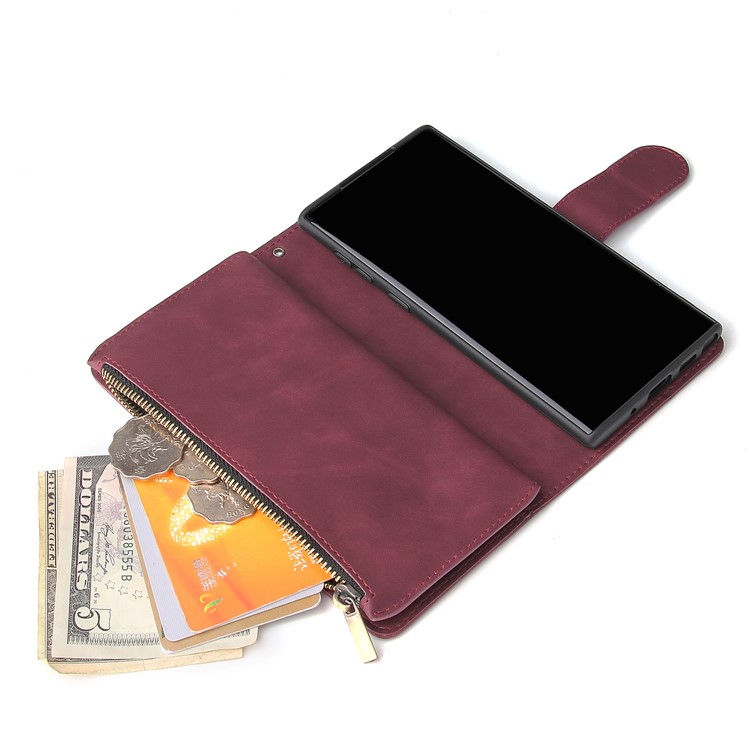 Zipper Pocket Multiple Card Slots Leather Stand Case for Samsung Galaxy Note 10 5G / Note 10 - Wine Red-7