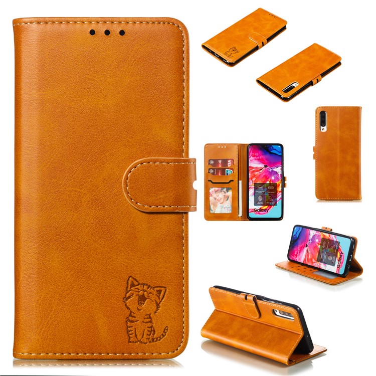 Imprinted Cat Pattern Leather Wallet Stand Case for Samsung Galaxy A90 5G - Brown-1