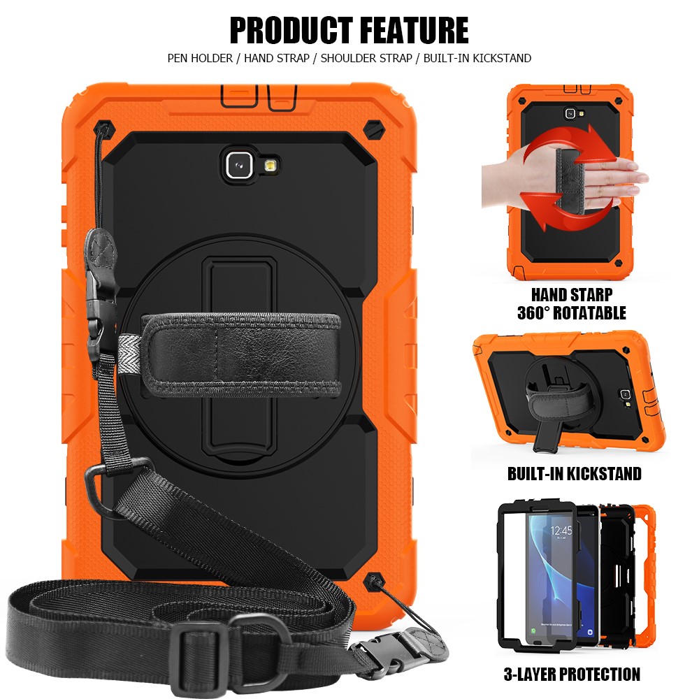 Handy Strap PC Silicone Kickstand Case with Shoulder Strap + Screen Protector for Samsung Galaxy Tab A 10.1 (2016) T580 - Orange/Black-2