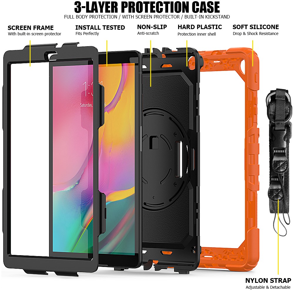 PC Silicone Kickstand Case with Strap Screen Protector for Samsung Galaxy Tab A 10.1 (2019) SM-T510/T515 - Orange/Black-3