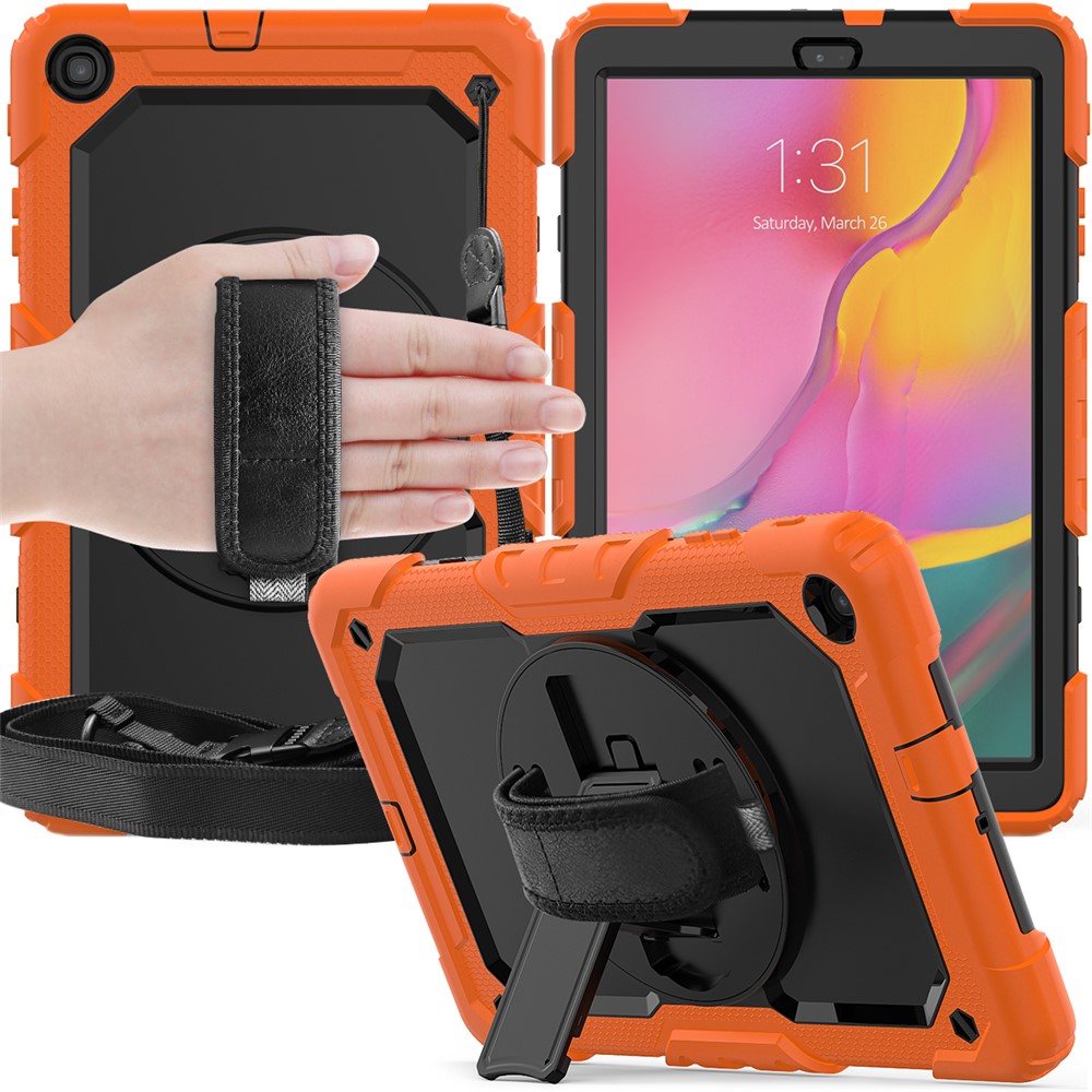 PC Silicone Kickstand Case with Strap Screen Protector for Samsung Galaxy Tab A 10.1 (2019) SM-T510/T515 - Orange/Black-4