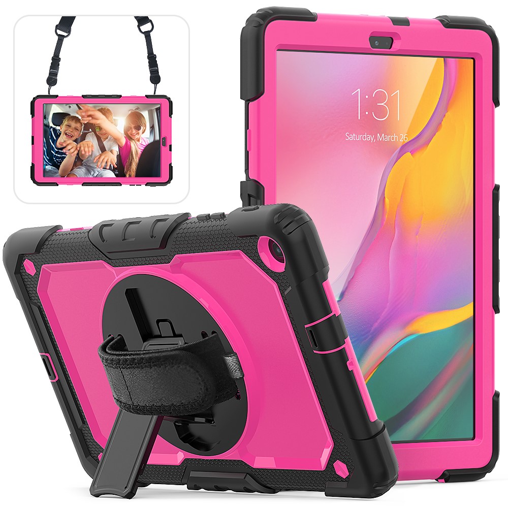 PC Silicone Kickstand Case with Strap Screen Protector for Samsung Galaxy Tab A 10.1 (2019) SM-T510/T515 - Black/Rose-1