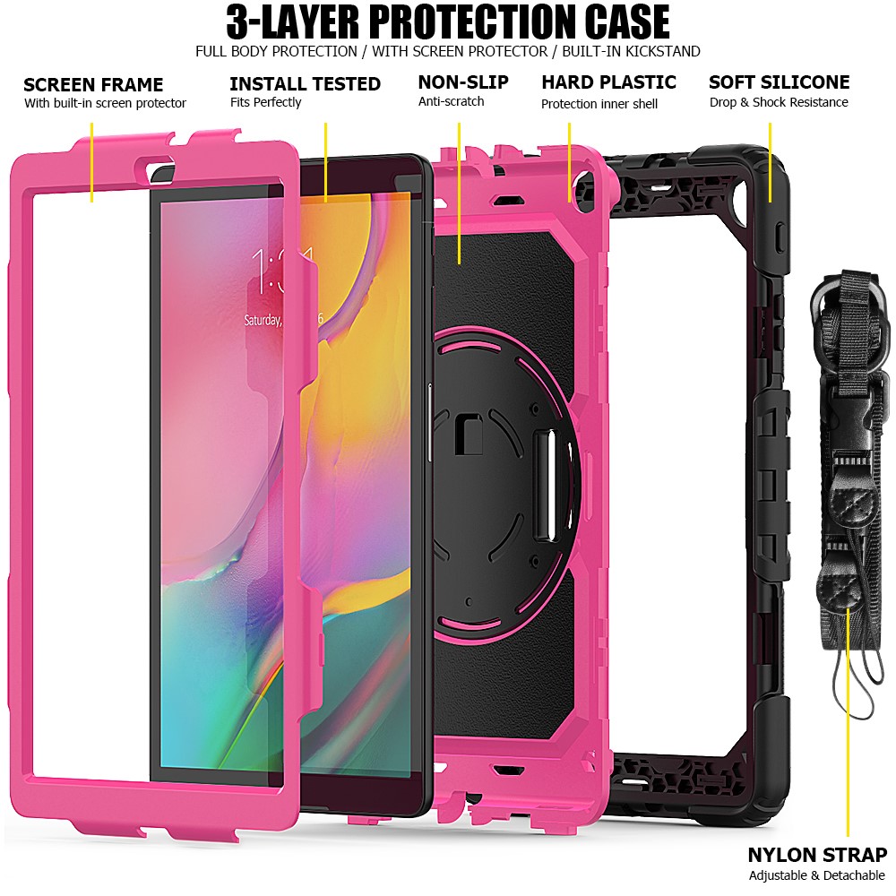 PC Silicone Kickstand Case with Strap Screen Protector for Samsung Galaxy Tab A 10.1 (2019) SM-T510/T515 - Black/Rose-3