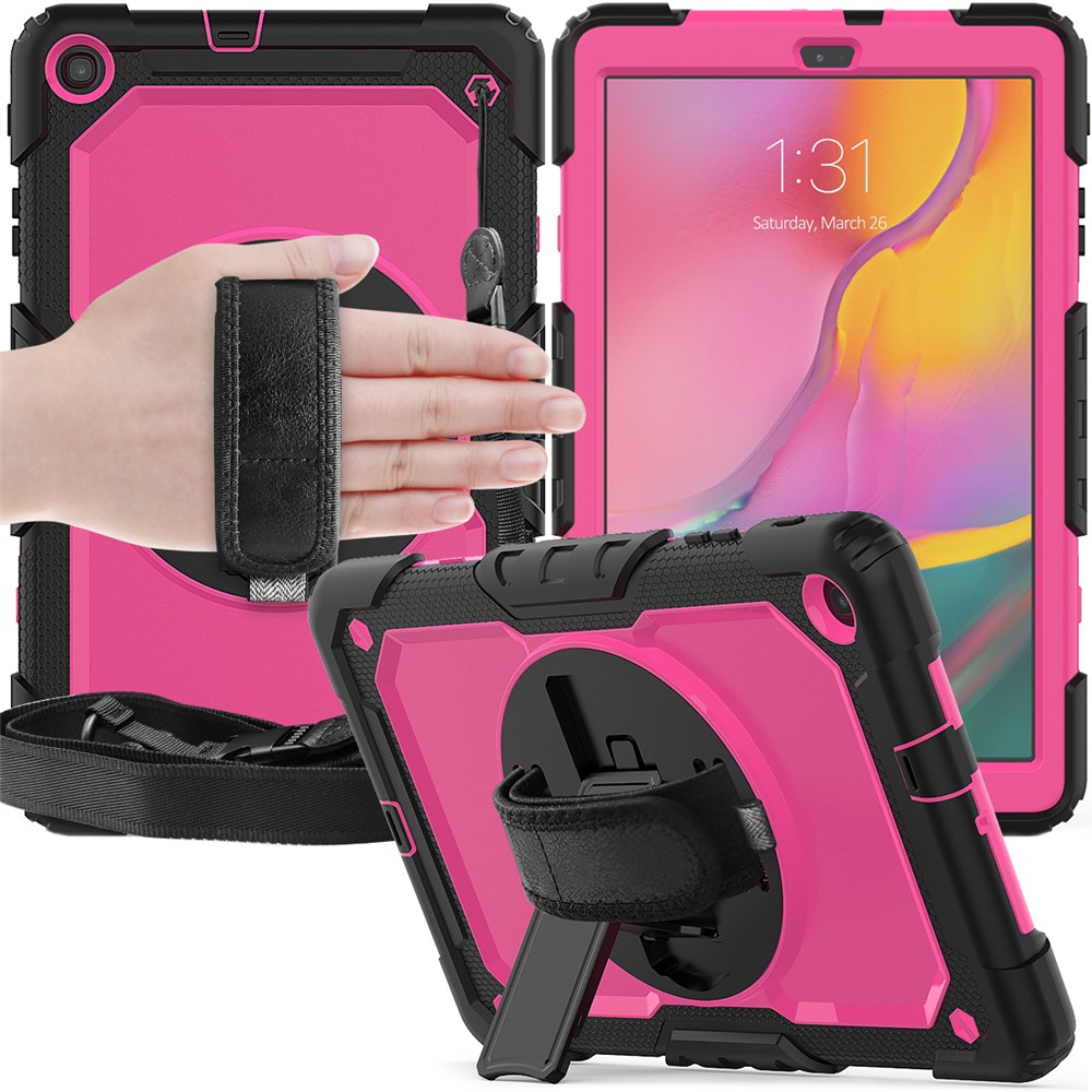 PC Silicone Kickstand Case with Strap Screen Protector for Samsung Galaxy Tab A 10.1 (2019) SM-T510/T515 - Black/Rose-4