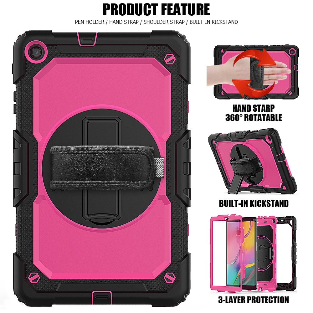 PC Silicone Kickstand Case with Strap Screen Protector for Samsung Galaxy Tab A 10.1 (2019) SM-T510/T515 - Black/Rose-5